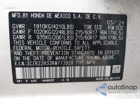 2024 Honda Hr-V Awd Lx из США, поврежденный, VIN 3CZRZ2H33RM773928